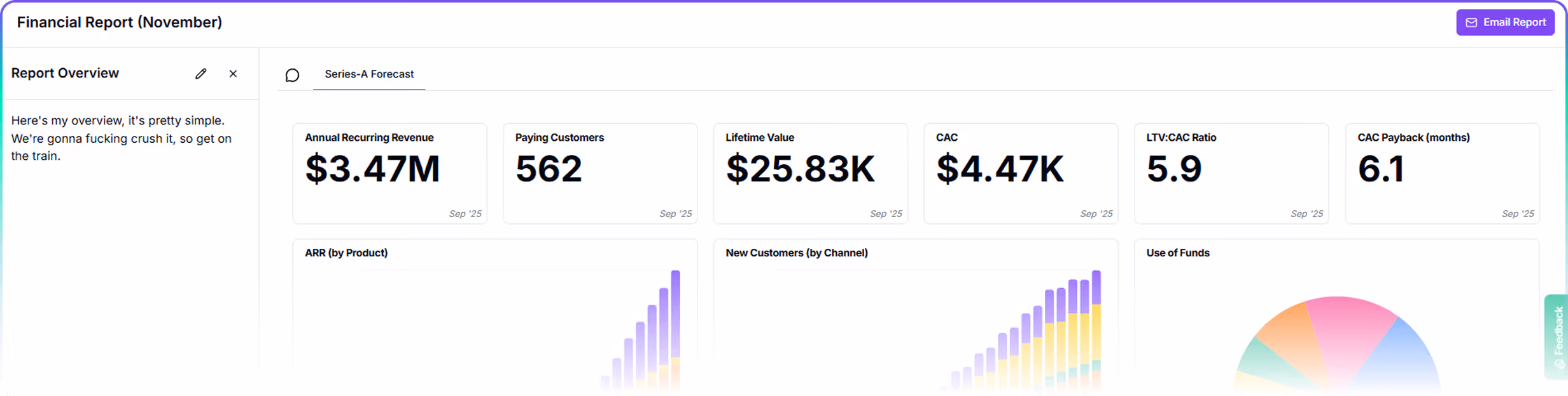 Financial report dashboard showing revenue, customers, lifetime value, CAC, LTV:CAC ratio, and CAC payback months.