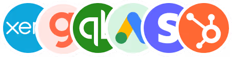 Seven overlapping circular logos of various marketing and analytics platforms in a row.