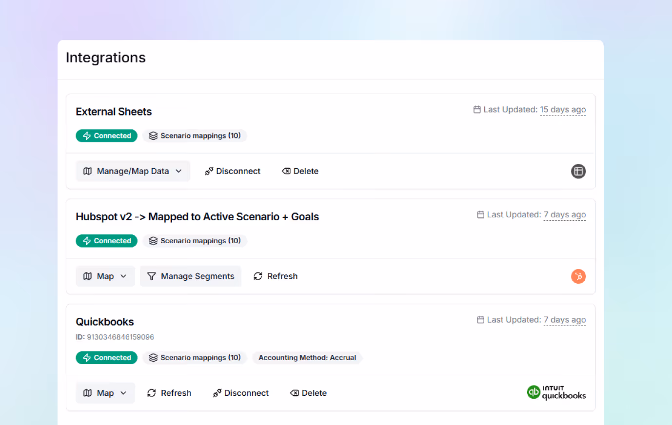 Dashboard showing integrations status for External Sheets, Hubspot v2, and Quickbooks with options to manage and refresh.