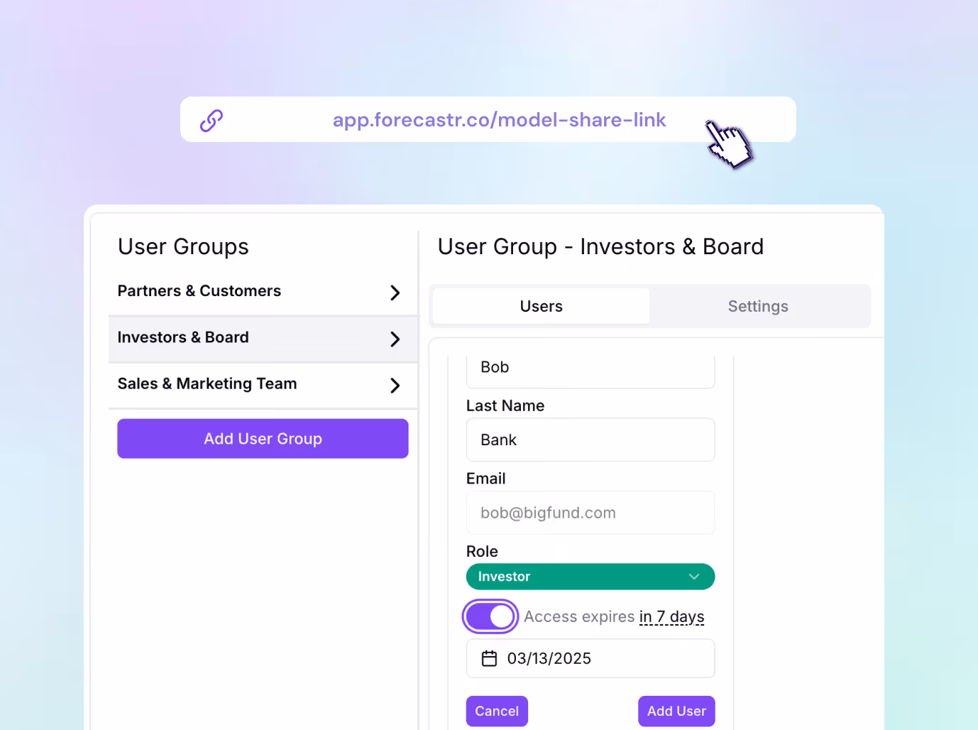 User group interface showing 'Investors & Board' with user Bob Bank, email, investor role, and access expiring in 7 days.