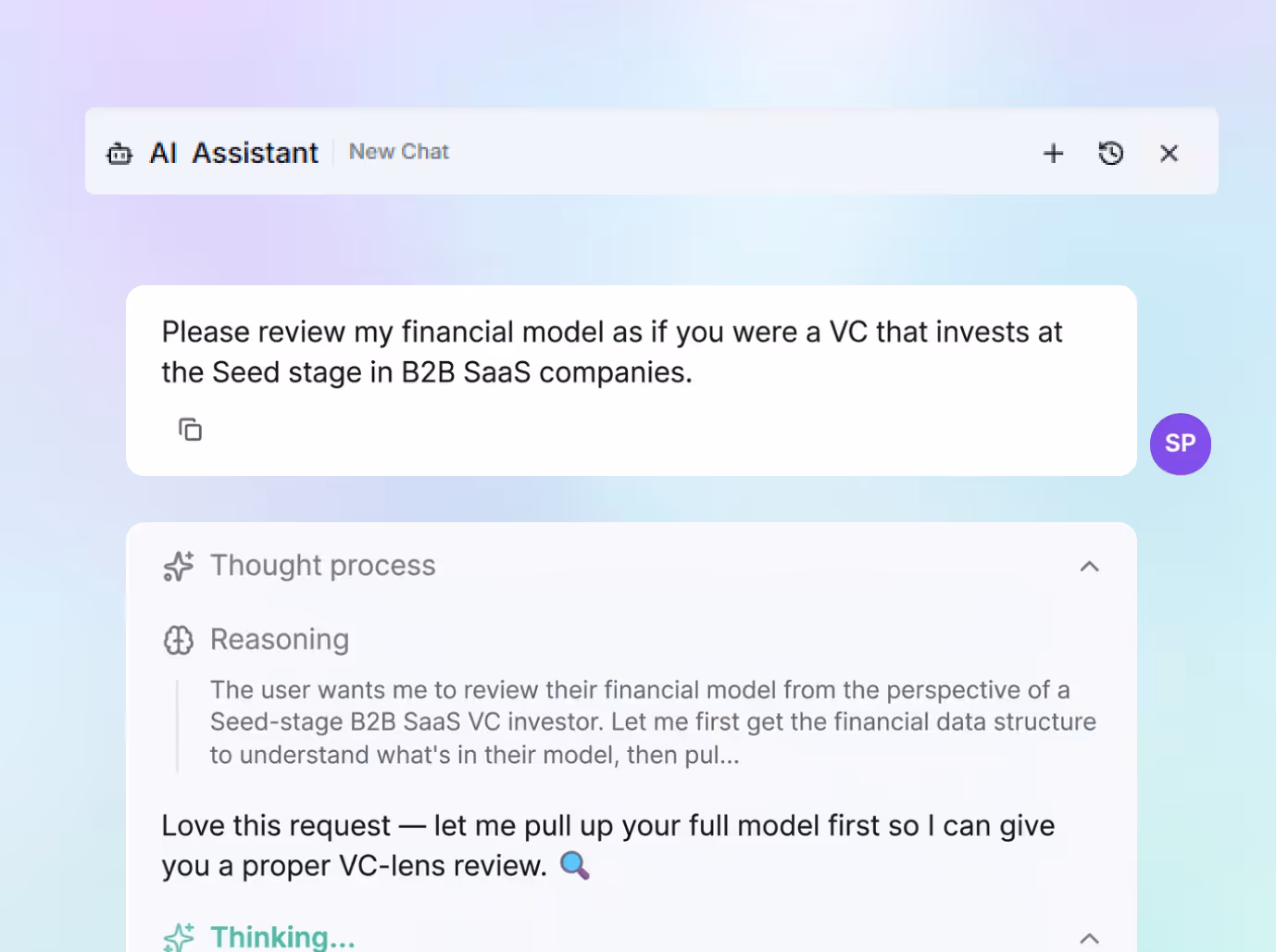 Chat interface showing a user asking an AI assistant to review a financial model for Seed-stage B2B SaaS investing.