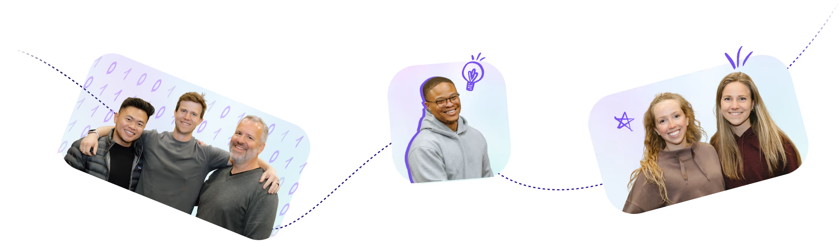 Smiling diverse team members posing together with digital-themed and doodle backgrounds.