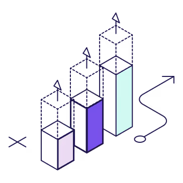Three ascending 3D bars with arrows pointing upward and x and y axes with a curved arrow.