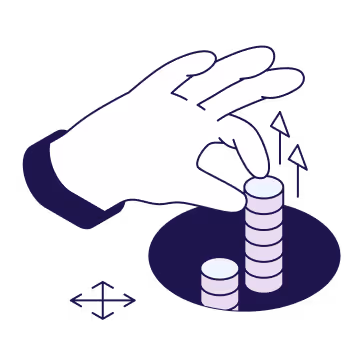 Hand stacking coins with upward arrows indicating growth or increase.