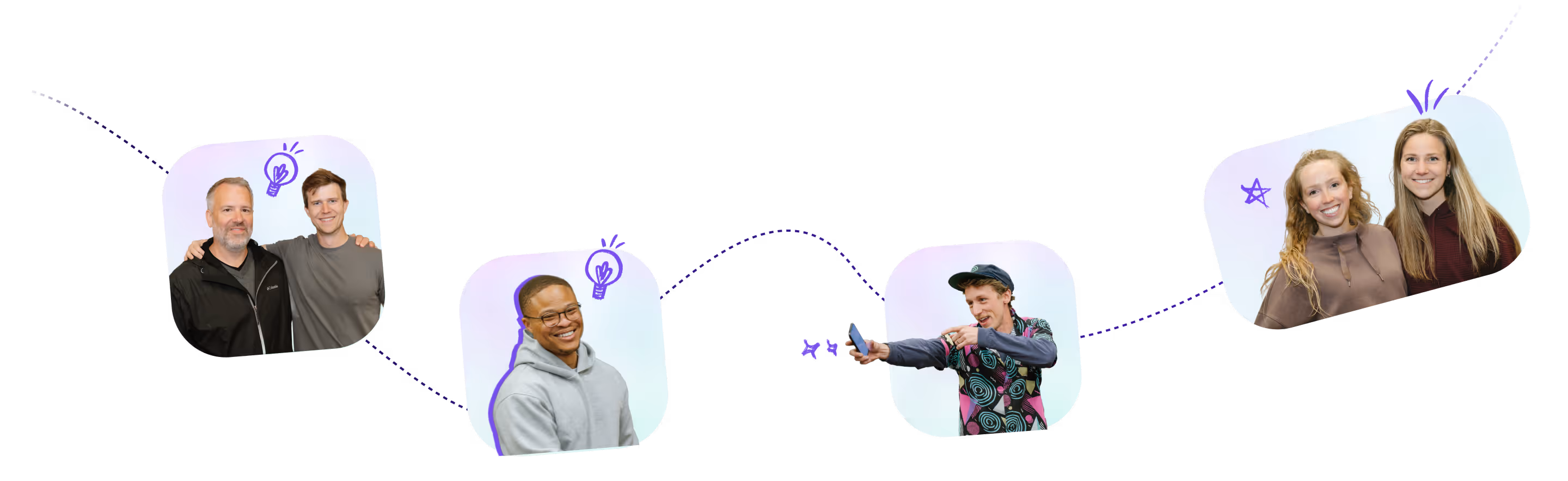 Four images of smiling people posing individually or as pairs connected by dashed lines on black background.