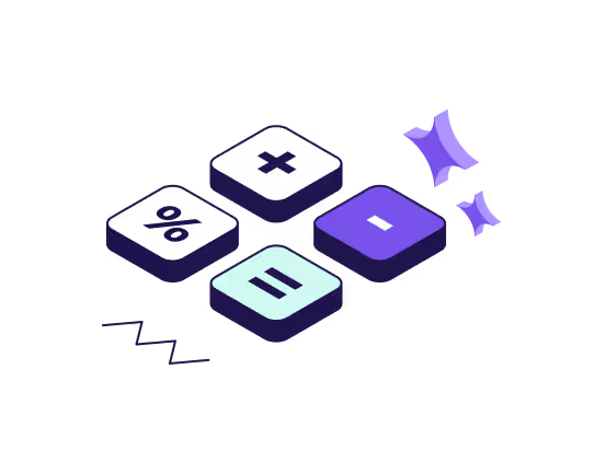 Blocks with math symbols percent, plus, minus, and equals surrounded by purple spark shapes.
