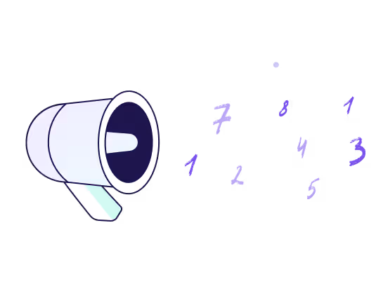 White megaphone with purple numbers from 1 to 8 scattered to the right.
