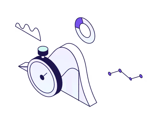 Illustration of a stopwatch, curved graph, pie chart, and line chart in purple and white tones.