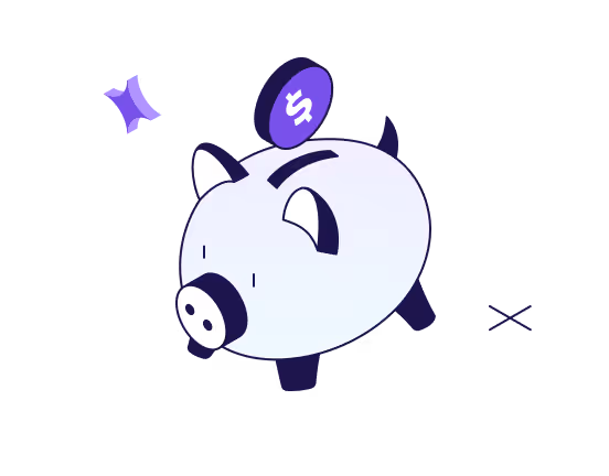 Illustration of a piggy bank with a purple coin featuring a dollar sign.