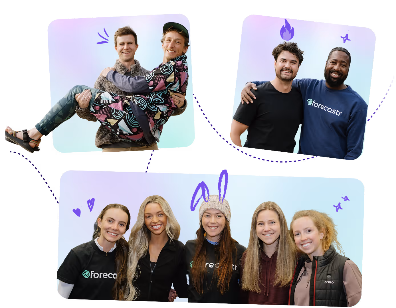 Three groups of smiling coworkers posing together with doodle accents on a pastel background.
