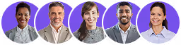 Five diverse professionals smiling in purple circular frames.