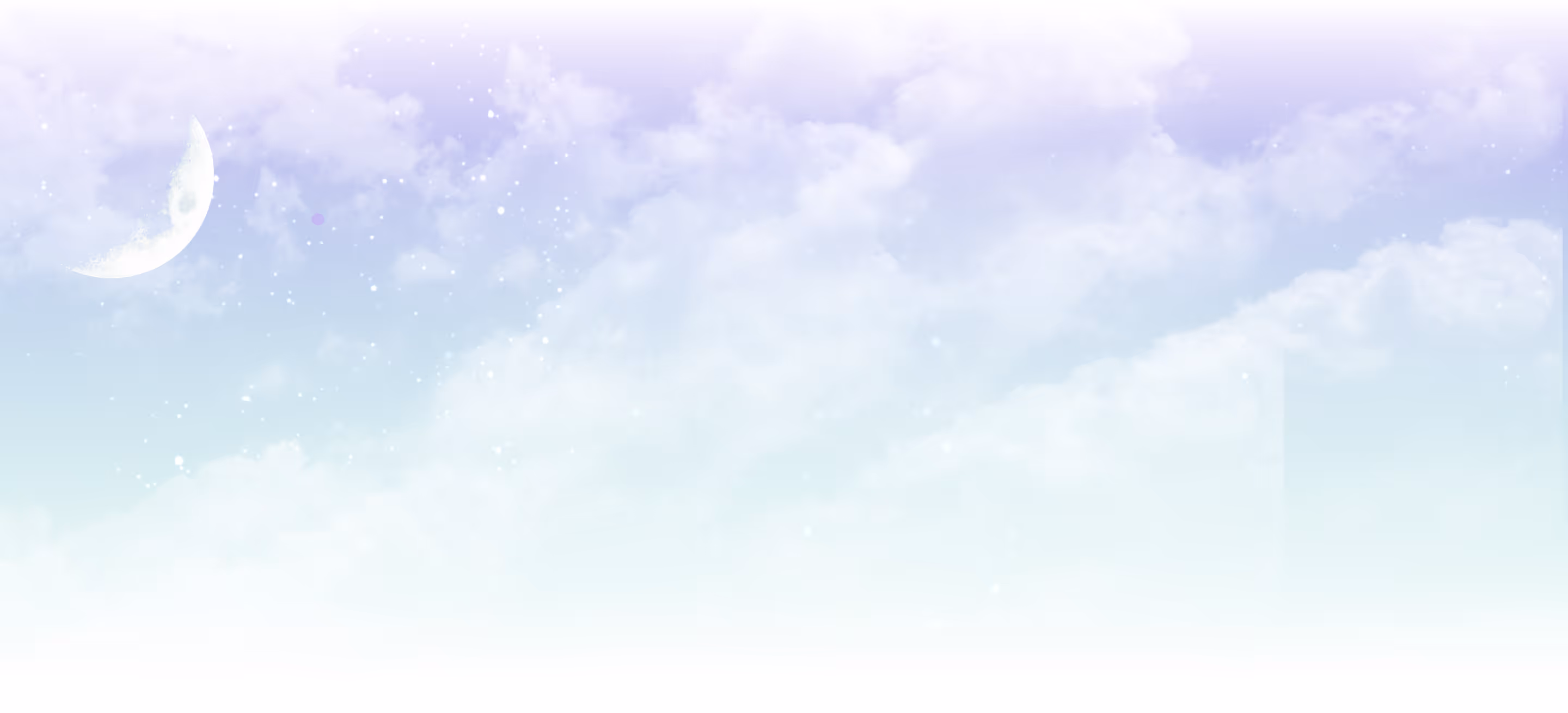 Soft pastel sky with light clouds, stars, and a crescent moon on the left.