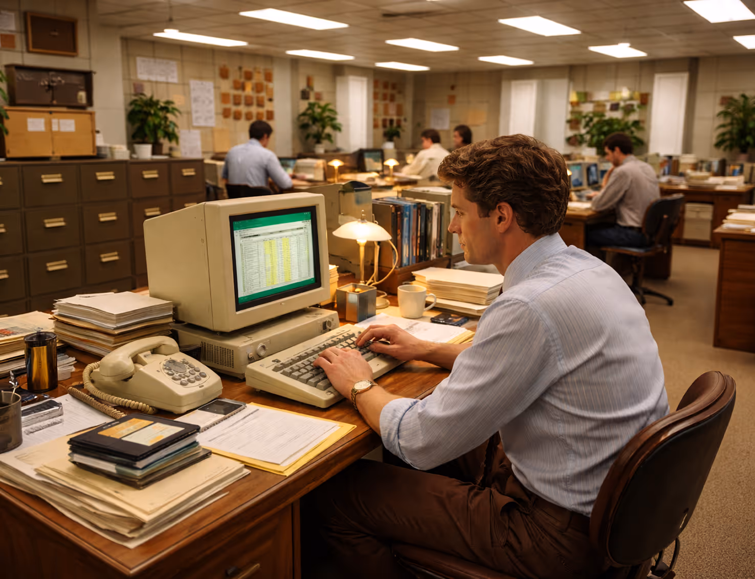 Man in 1980s office using vintage computer displaying spreadsheet data on screen.