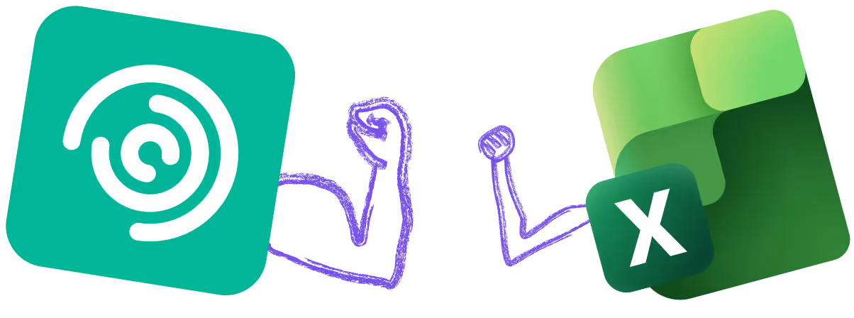 Purple outline of two flexing arms between a green Seagate icon and Excel spreadsheet icon.