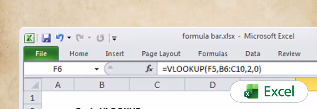Microsoft Excel window showing formula bar with VLOOKUP formula and File tab highlighted in green.