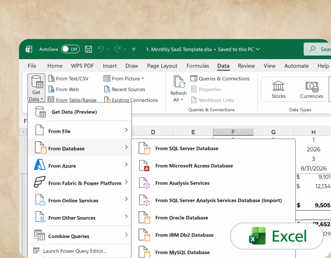 Excel screen showing Get Data menu with options to import from various databases and online sources.