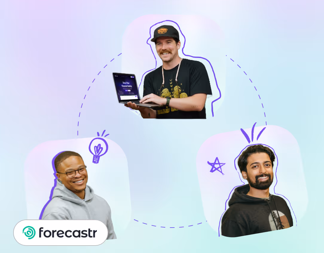 Three men smiling, one holding a laptop showing an app screen with Forecastr logo in the corner.