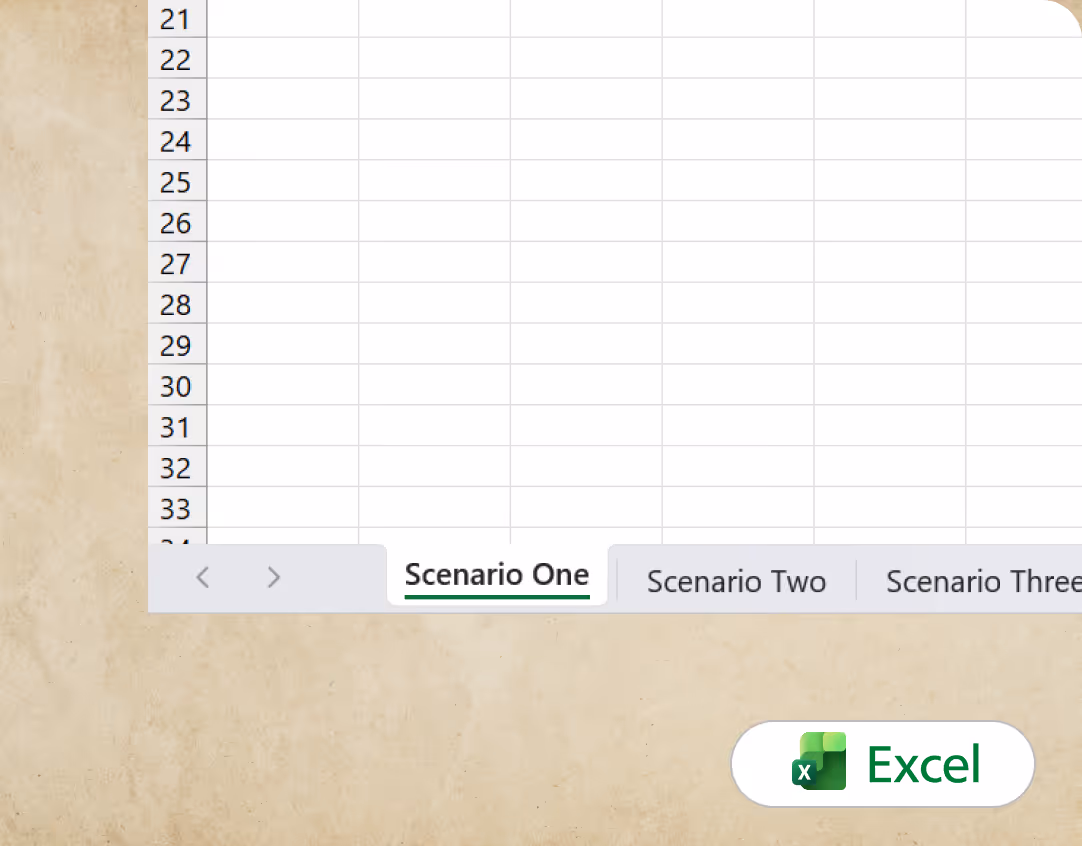Excel spreadsheet tab bar showing Scenario One selected with the Excel app icon at bottom right.