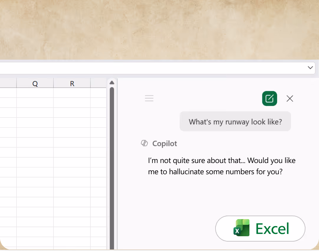 Excel Copilot chat with a user asking about runway; Copilot replies it may hallucinate numbers.