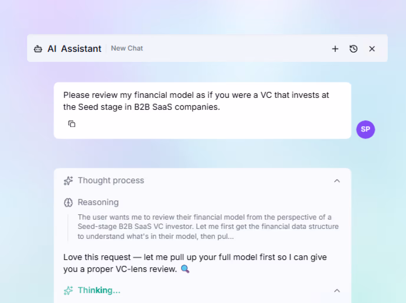 Chat interface with user asking AI to review a financial model for a Seed-stage B2B SaaS VC investment.