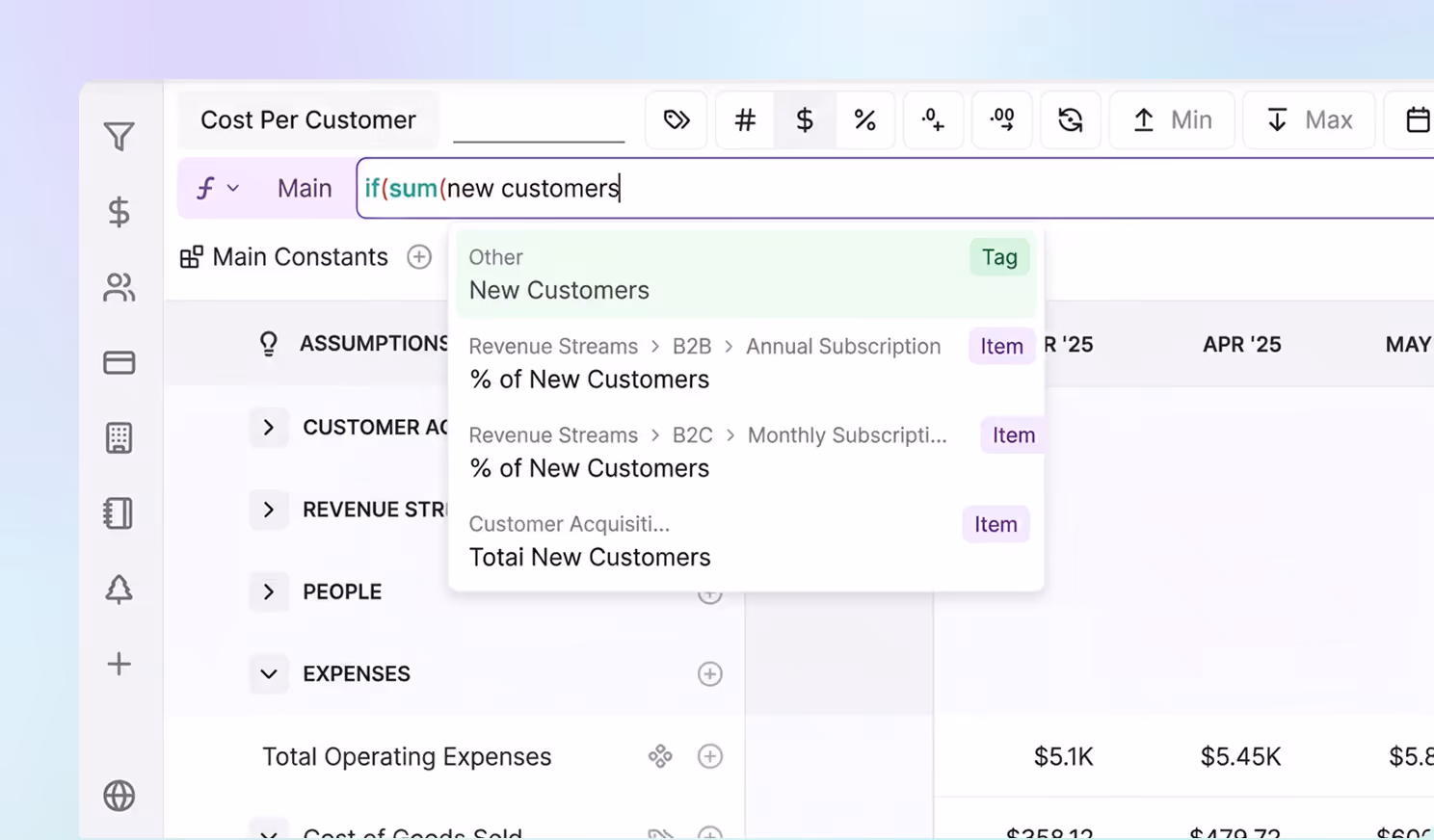 Spreadsheet formula editor showing if(sum(new customers) with suggestions for new customer data fields.