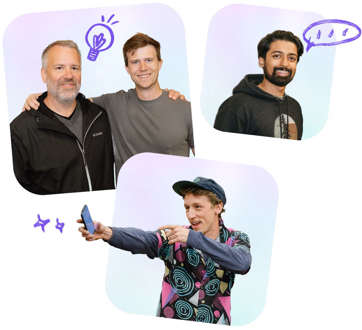 Collage of three smiling men, one duo posing with arms on shoulders, one man holding phone selfie style.
