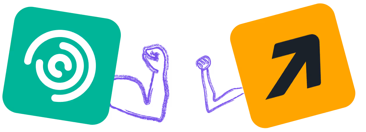 Two purple-drawn flexed arms with a green swirl icon on the left and an upward arrow icon on the right.