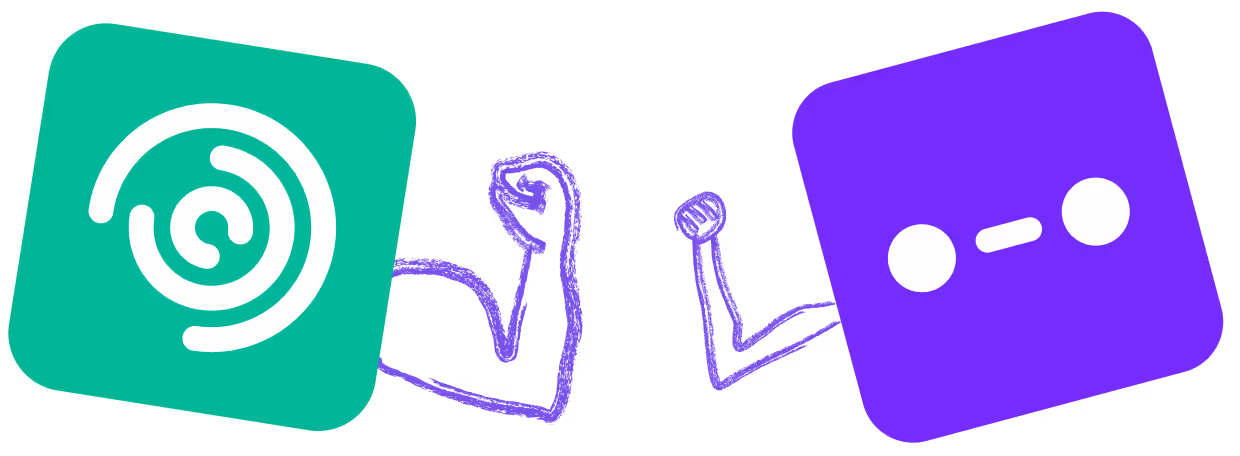 Two colorful app icons with flexed arm drawings between them on black background.