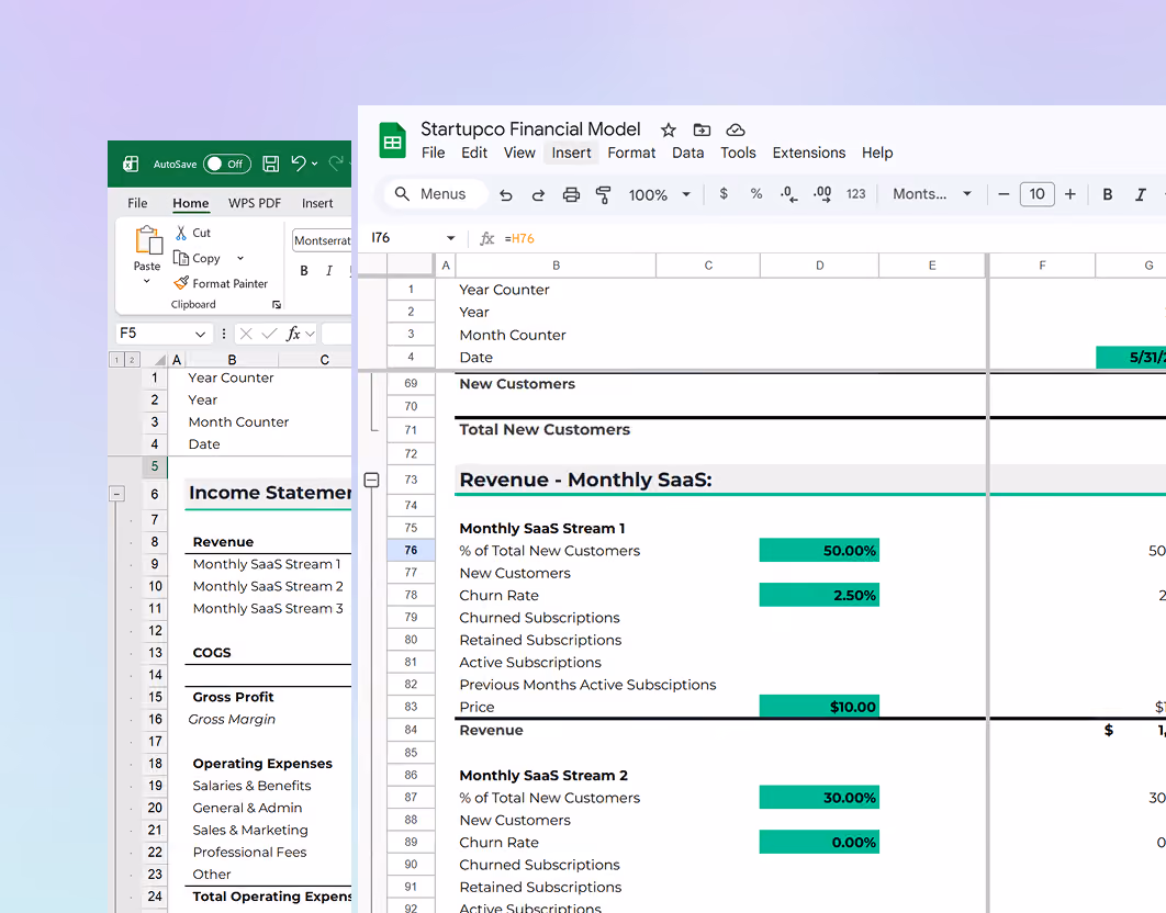Spreadsheet showing a financial model with monthly SaaS revenue streams and related metrics like churn rate and price.