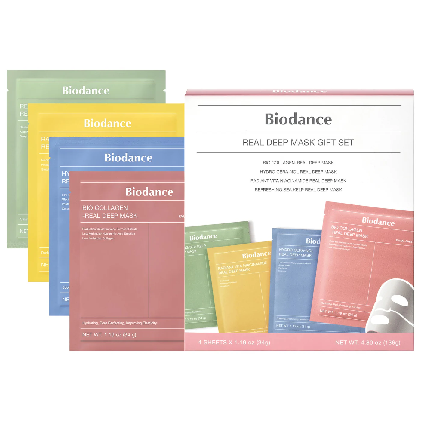 Biodance Real Deep Mask Gift Set featuring four colorful sheet mask packets: Bio Collagen, Hydro Cera-Nol, Radiant Vita Niacinamide, and Refreshing Sea Kelp.
