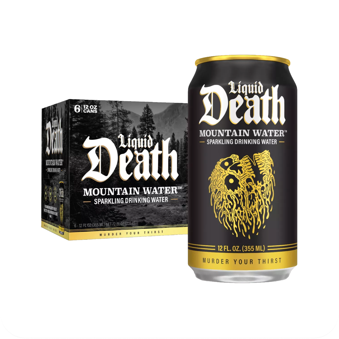 Liquid Death Sparkling Mountain Water can and box