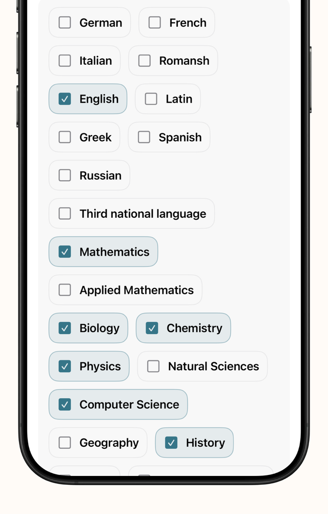 StudyBro subject picker showing languages and science subjects