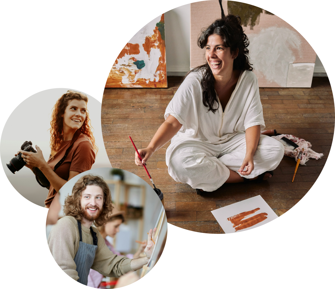 A group of images with a woman painting on the floor, a man painting at an easel, and a woman with a camera