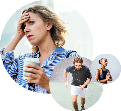 A group of images with a man running, and woman meditation, and a woman who is stressed and holding her head