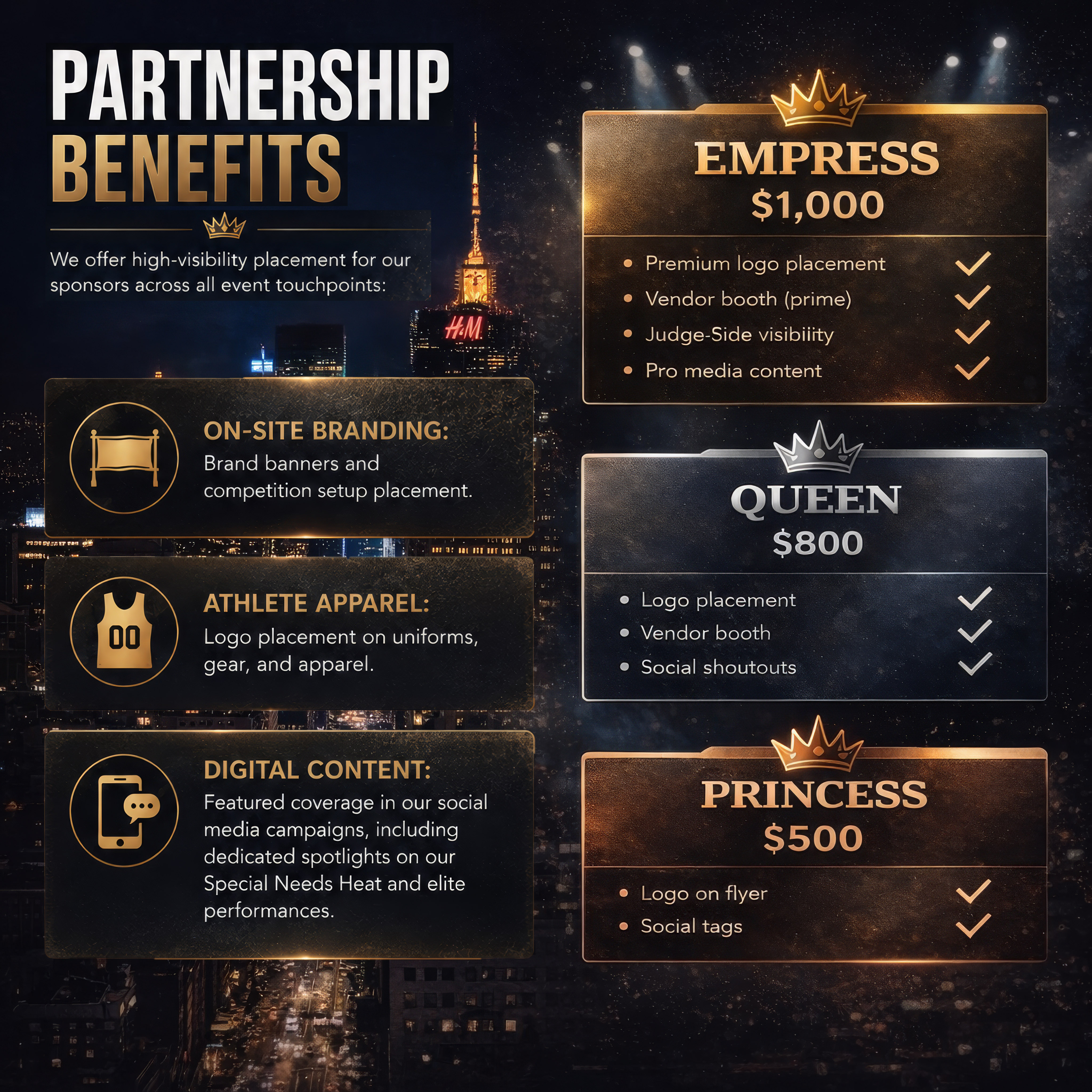 Empress of the Bars partnership benefits and sponsorship tiers: Empress $1,000, Queen $800, Princess $500