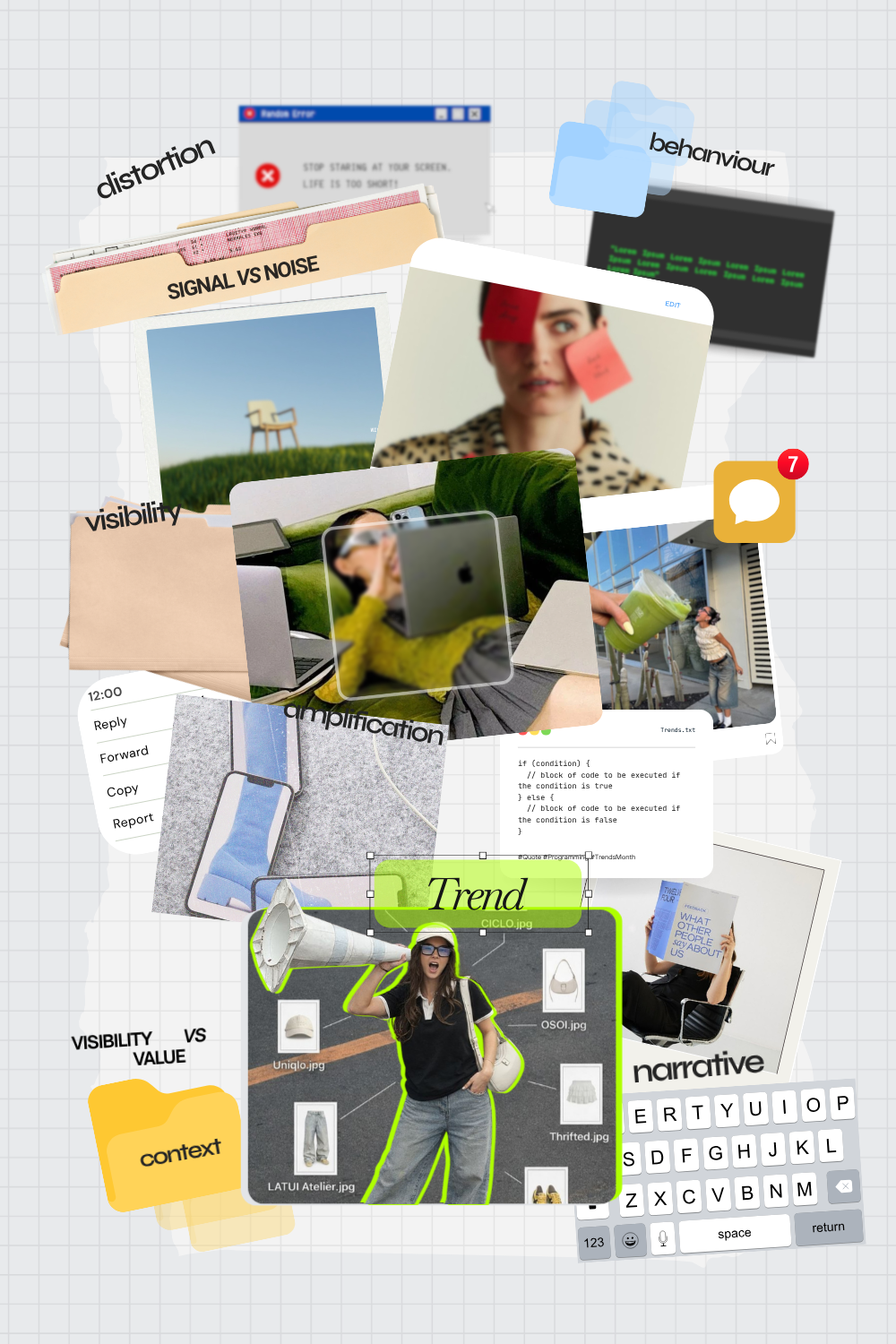 Collage with a woman holding a megaphone, folders labeled with terms like distortion, context, and visible tech elements.
