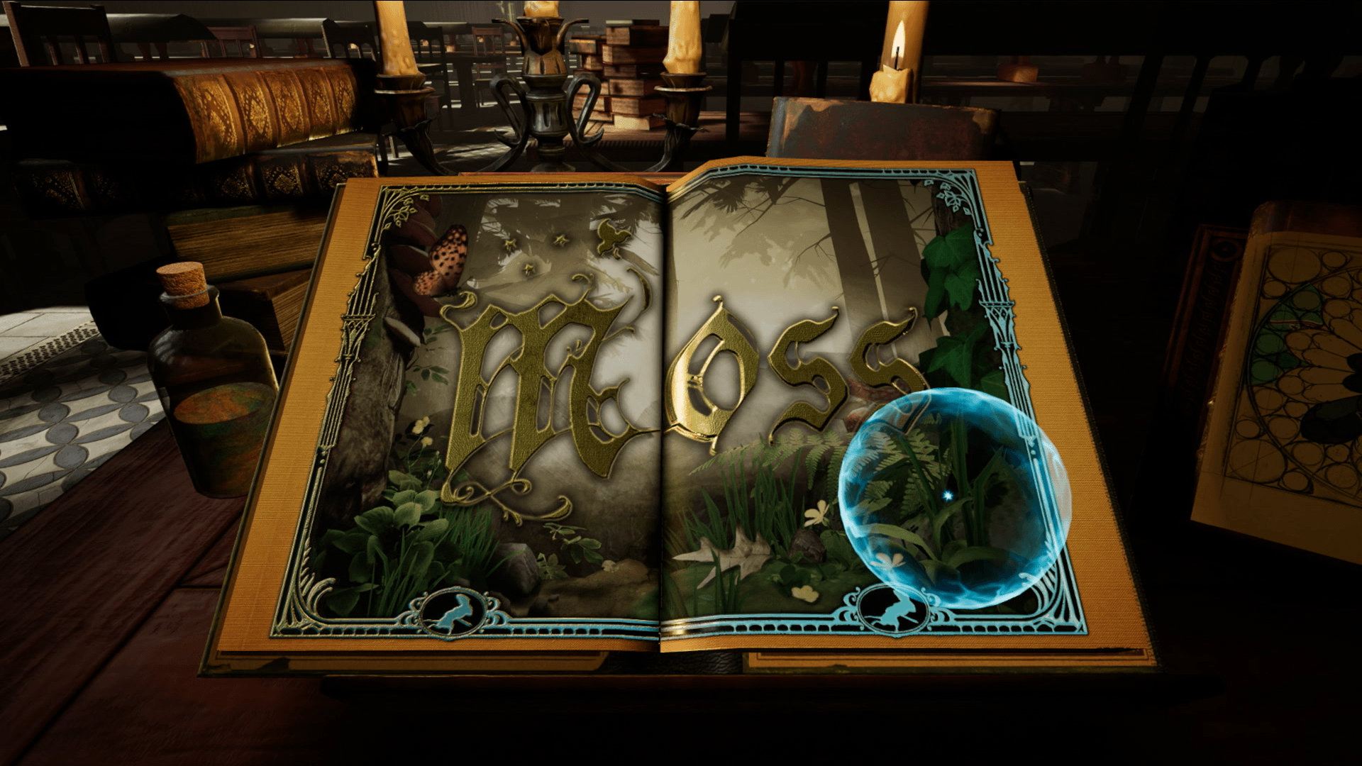 Moss trailer screenshot of story book in the library being opened.