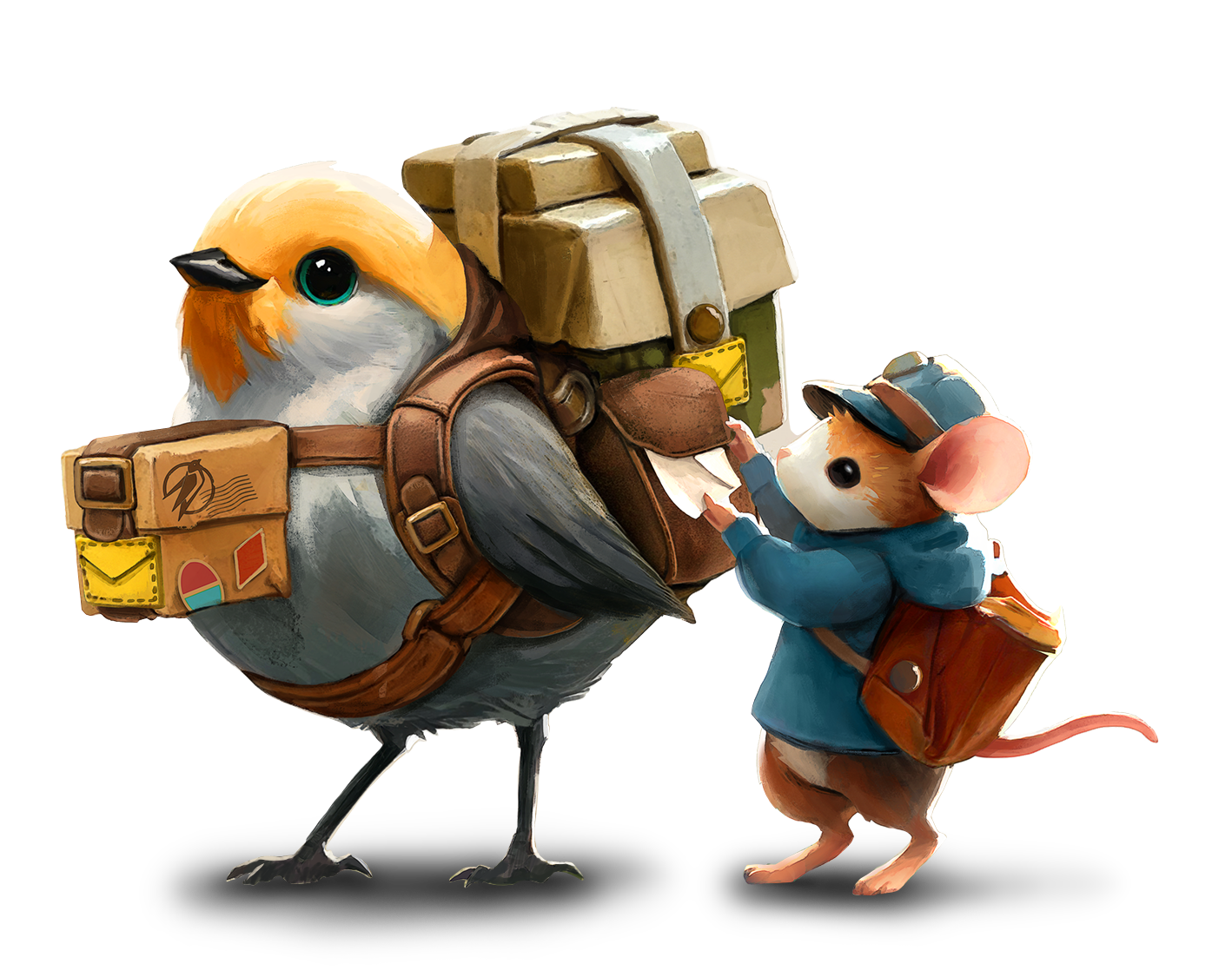 A delivery mouse loading packages on the back of a bird