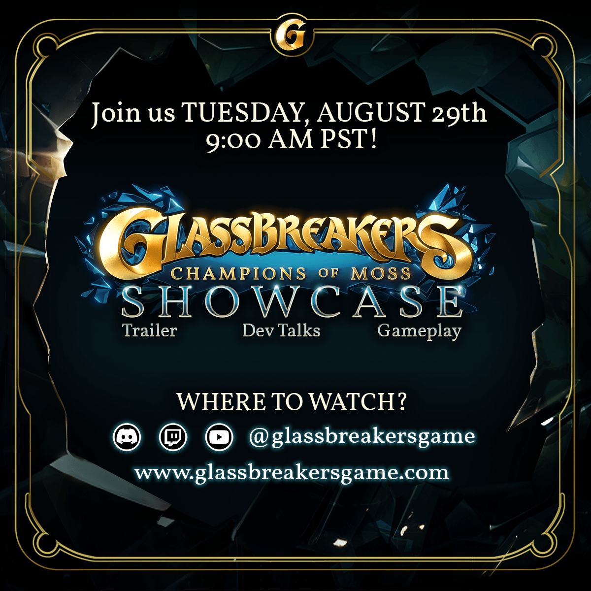 Save the Date information for the reveal of Glassbreakers: Champions of Moss