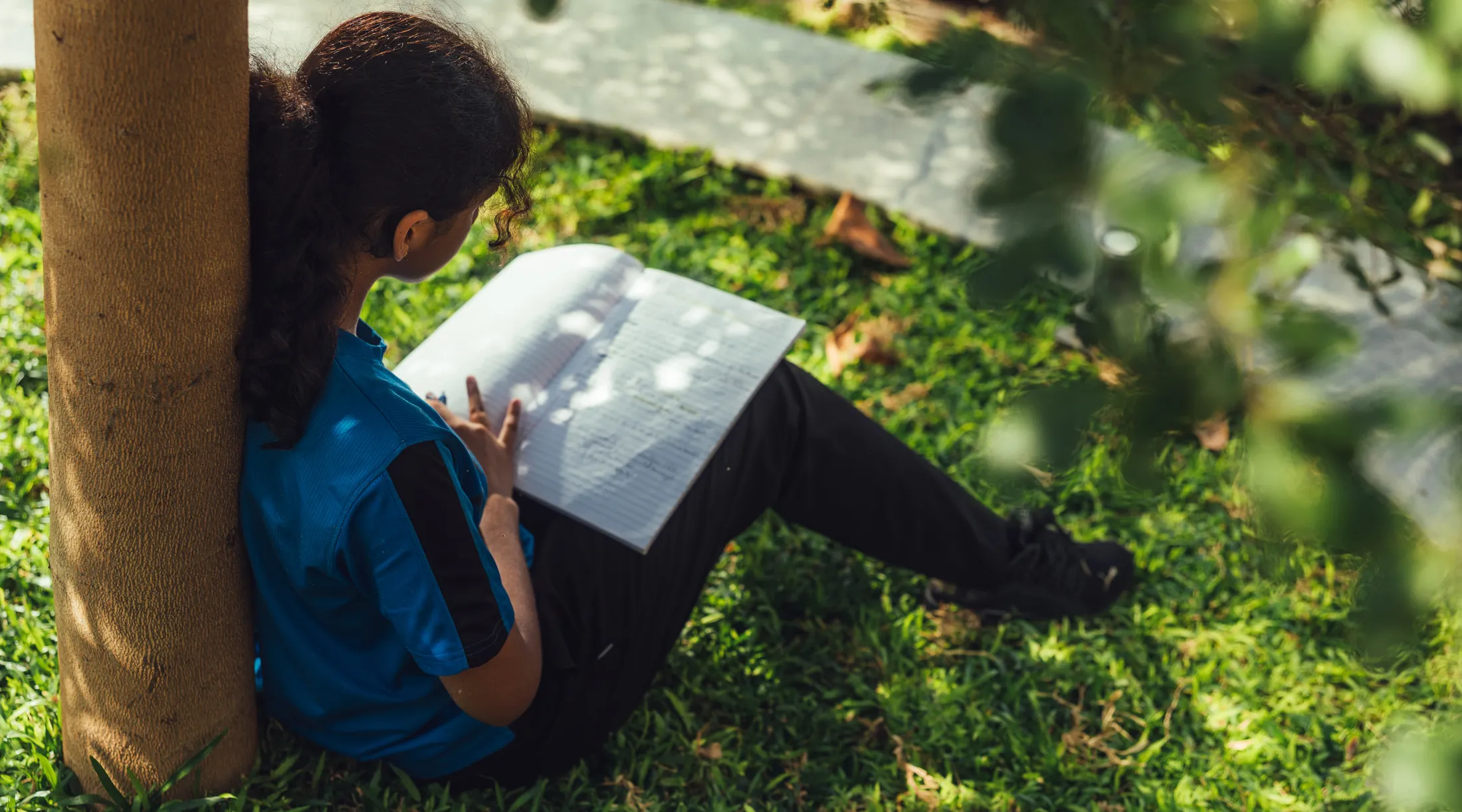 Girl sitting on grass, leaning against a tree, reading a notebook in a sunlit park.