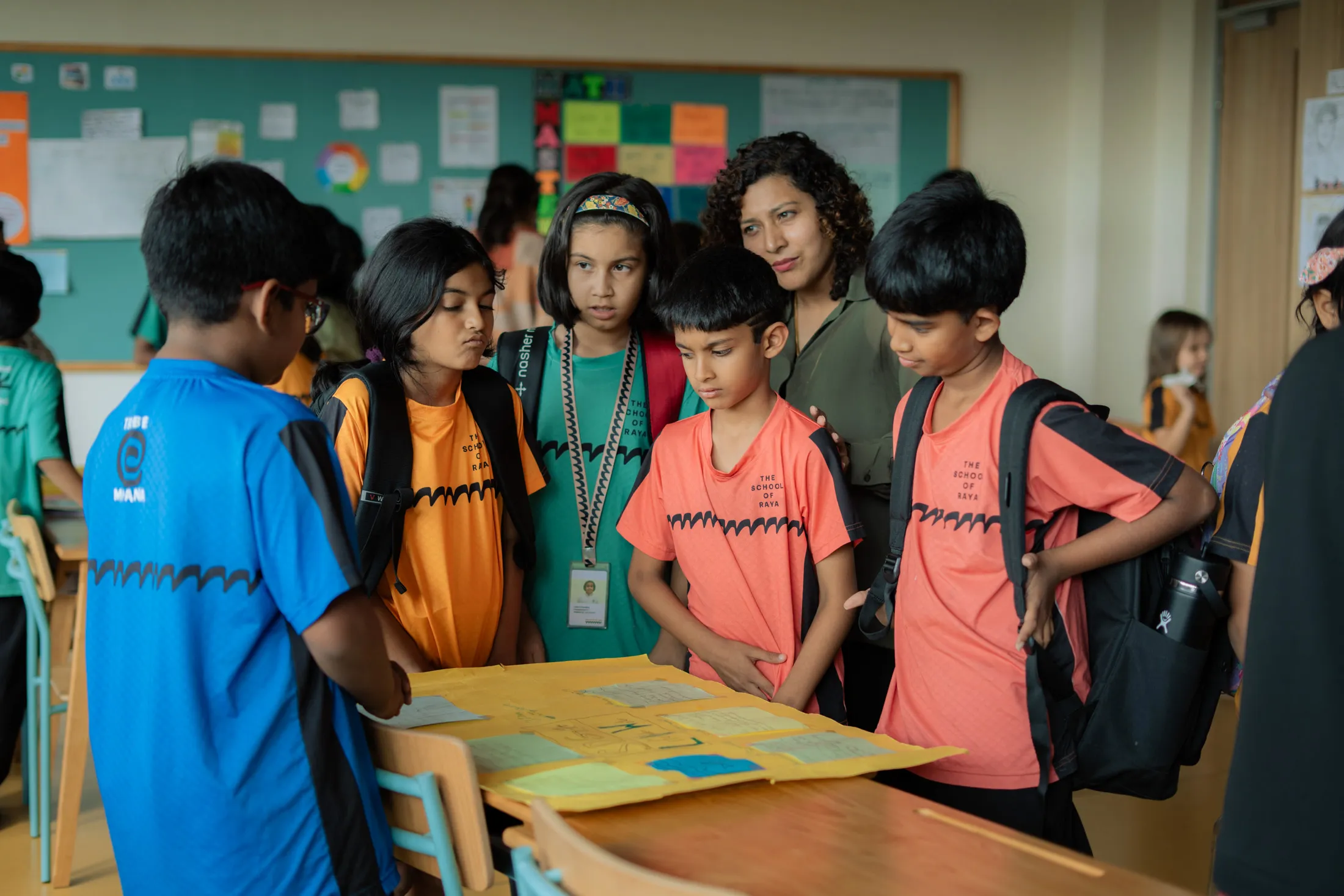 A teacher and five students in colorful uniforms reviewing a yellow project board in a classroom.