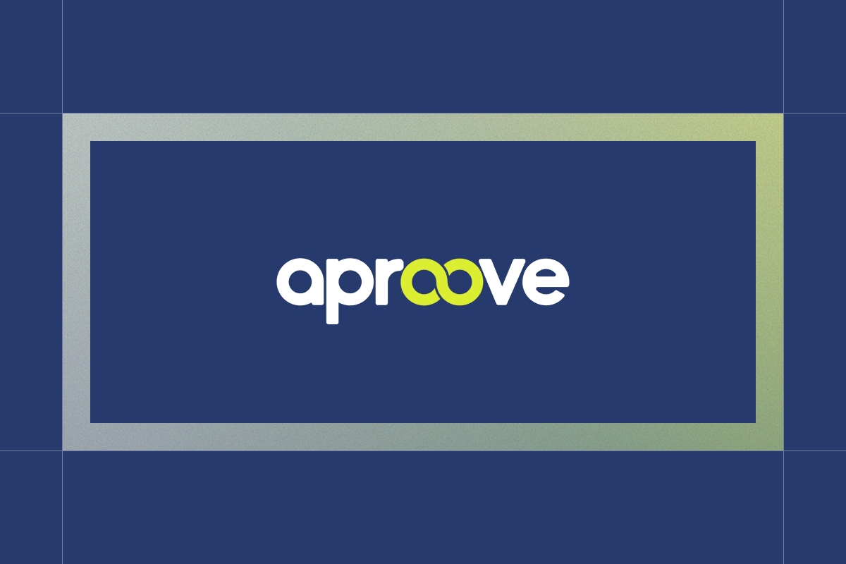 Aproove logo with two interconnected green infinity symbols replacing double o's on a dark blue background.