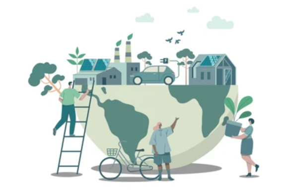 A group of people standing on a ladder and a globe with a house and treesAI-generated content may be incorrect.