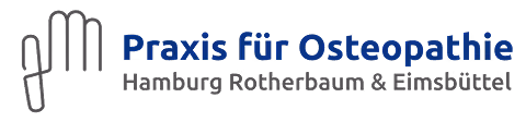 Logo mit drei vertikalen Balken und der blauen Aufschrift „Praxis für Osteopathie“ sowie den Kontaktdaten darunter.