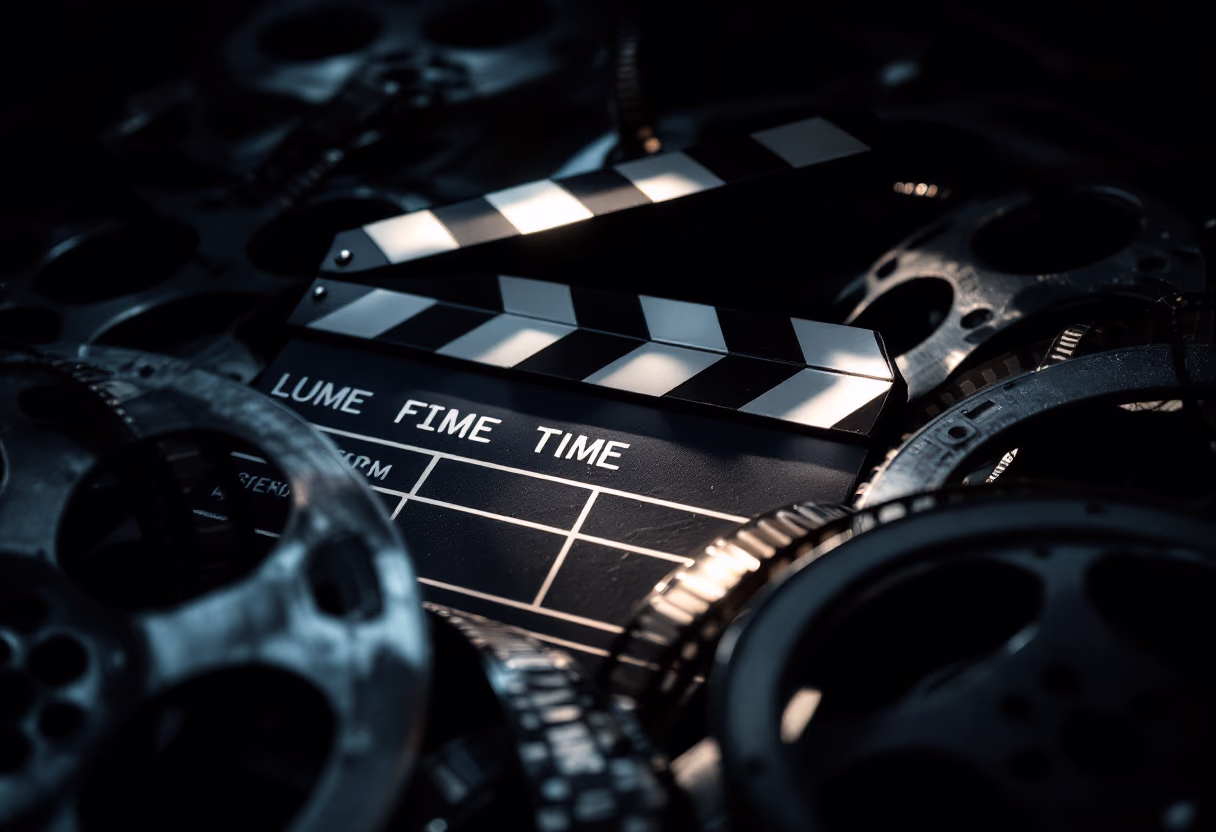image of a clapboard with film reels