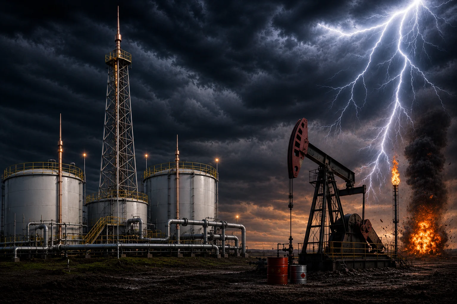 Oilfield lightning protection system installed on industrial oil and gas equipment during a severe thunderstorm.