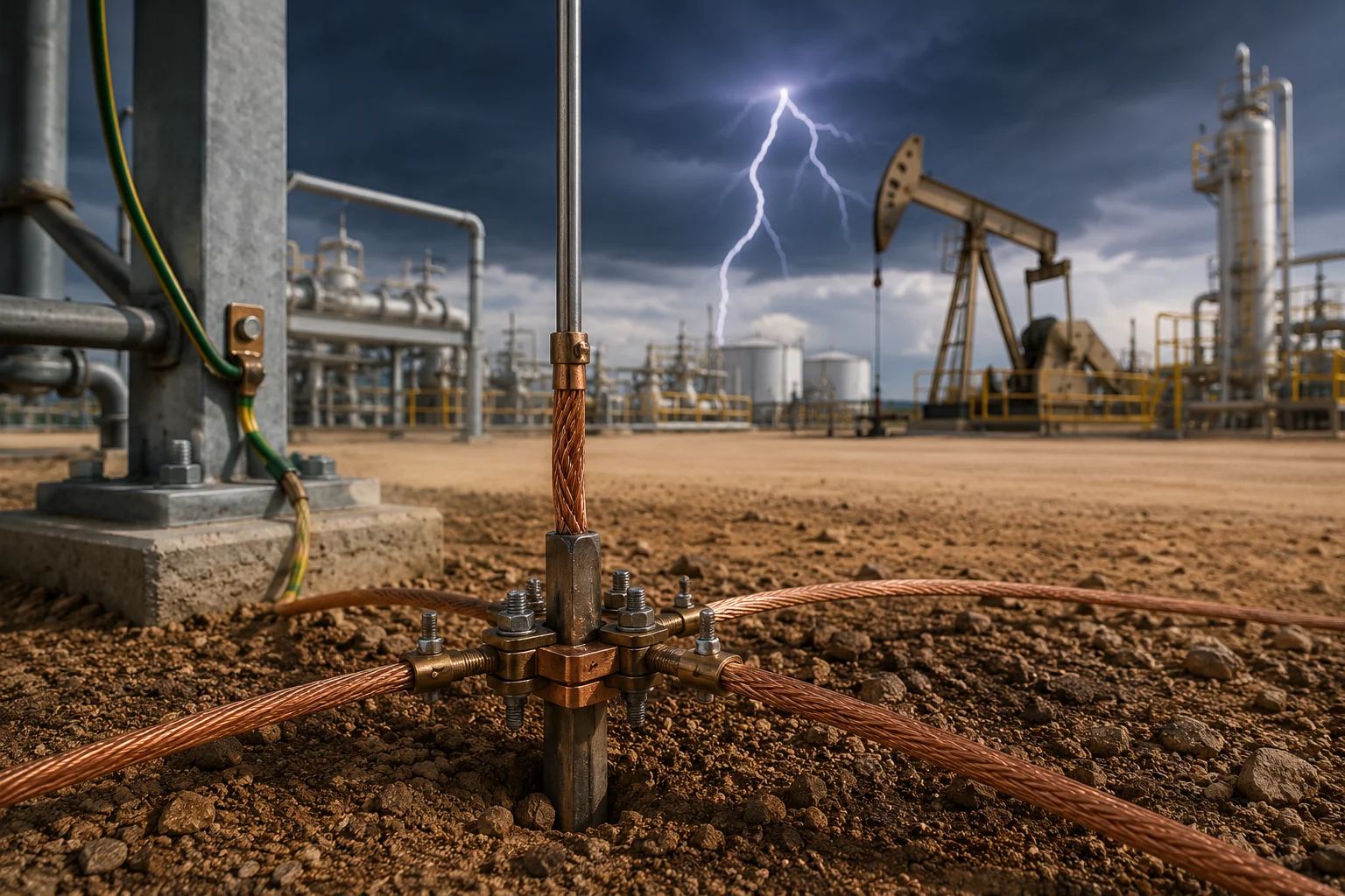 Industrial oil and gas infrastructure with engineered grounding systems for lightning protection and operational safety.