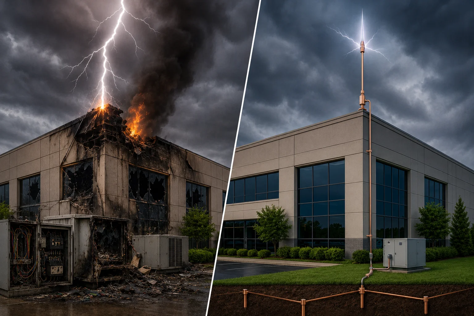Lightning strike causing severe fire and electrical damage to a commercial facility next to a protected building with grounding systems.