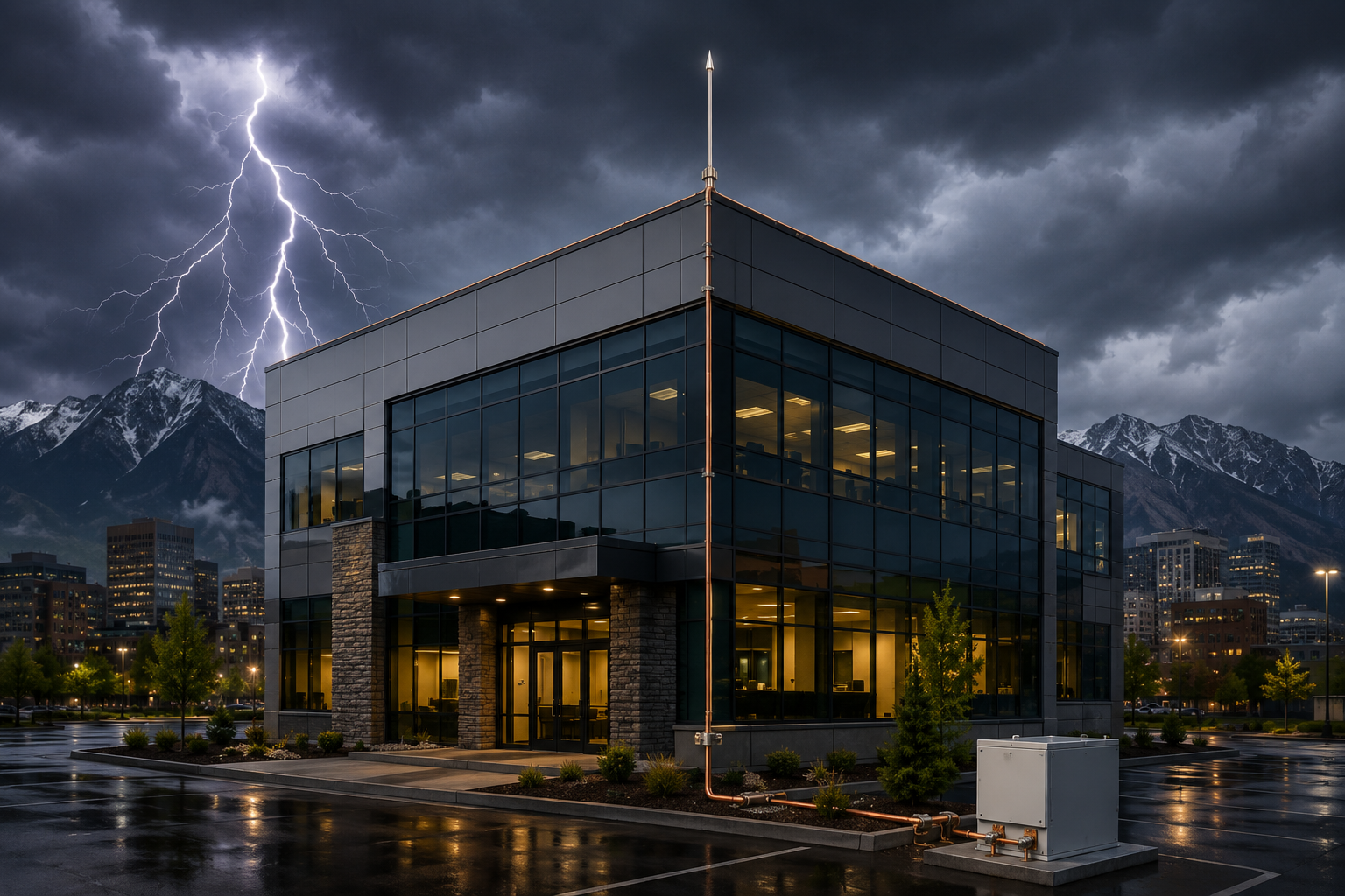 Professional lightning protection installation safeguarding a Colorado business from storm-related damage
