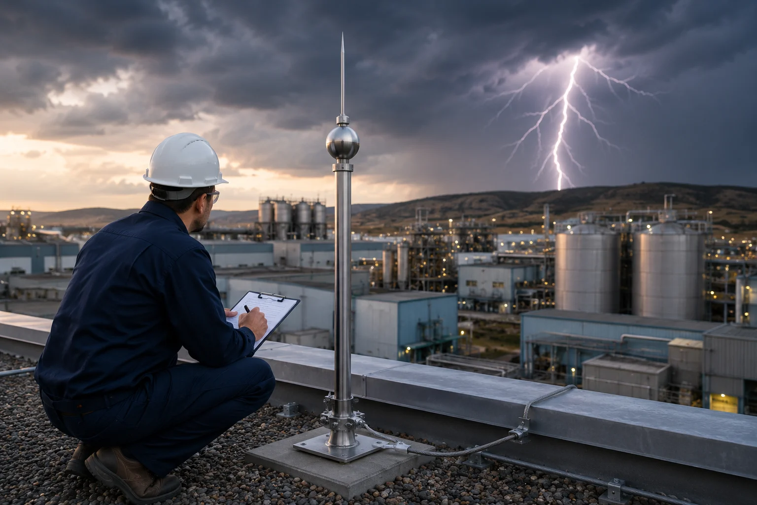 Technician inspecting a lightning protection system on an industrial facility to ensure safety, grounding performance, and electrical protection.